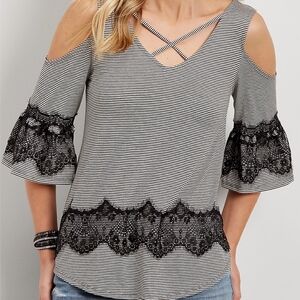 Maurices Striped Bare Shoulder Top with Lace Detail